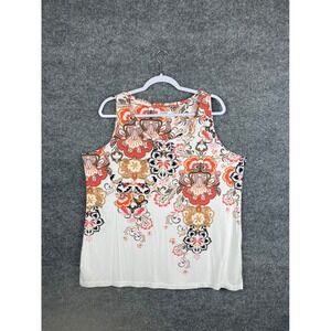 Chico's Tank Top Women Size 3 XL White Orange Floral Paisley Scoop Neck Good